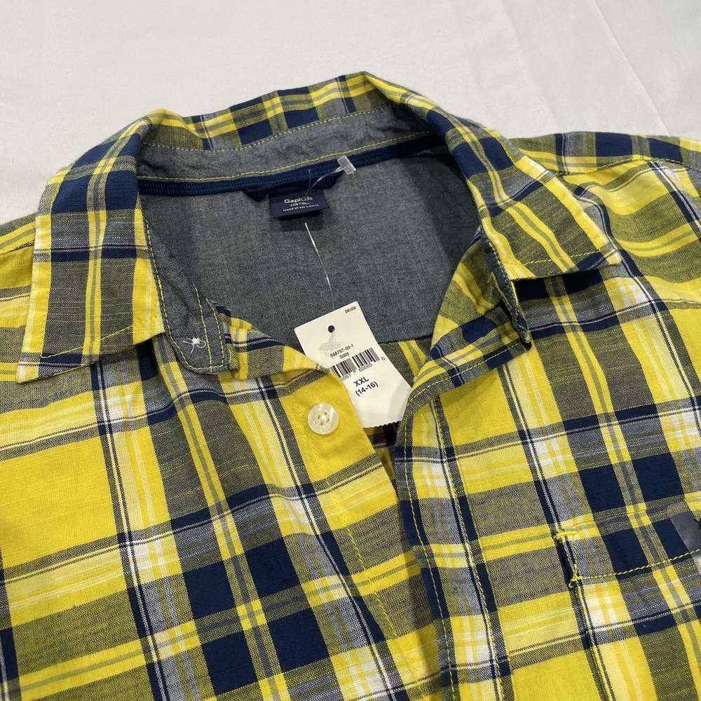 Gap Kids Boys XXL 14-16 Plaid Button Down Shirt Yellow Navy Blue Long Sleeve NWT
